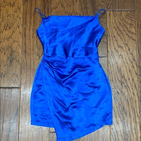 Blue Asymmetrical Ruched Mini Dress - Picture 1 of 8
